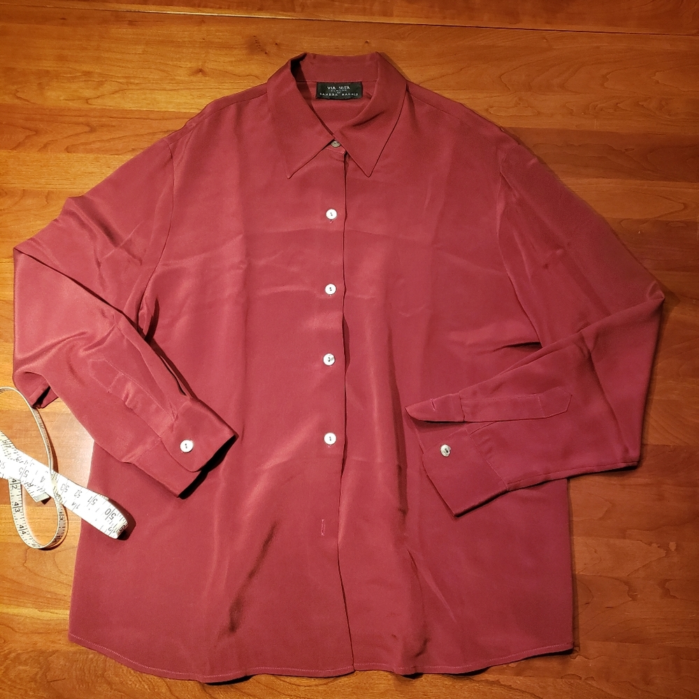 Via Seta Silk Charmeuse Shirt, Size XL, cranberry.
